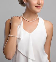 This beautiful Akoya pearl set ranges between 6.0-6.5mm in size and consists of pearls with a very high luster and clean surface, and is available in either AA+ quality or AAA quality All pearls in this set are round and both the necklace and bracelet are strung with silk thread and double-knotted between each pearl. This necklace and bracelet come standard with a beautiful 14K gold clasp, though premium clasps can be selected for an additional cost. The stud earrings consist of 14K gold posts i Custom Jewelry Necklaces, Akoya Pearl Necklace, Gold Pearl Jewelry, Freshwater Pearl Jewelry, Pearl Necklace Set, Pearl Jewelry Sets, Cultured Pearl Necklace, Bracelet Earring Set, Freshwater Pearl Necklace