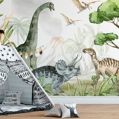 a child's bedroom with dinosaur wallpaper and teepee teepee teepee teepee teepee teepee teepee teepee