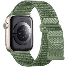 an apple watch with a green band on the front and side of the watch face