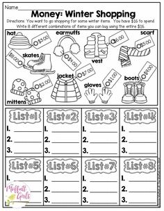 worksheet for winter shopping with pictures and words to help students learn how to make money