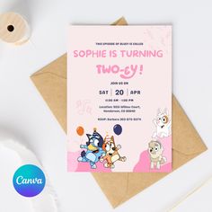 a pink birthday party card with cartoon characters on it, and the words sophie is turning two - 3