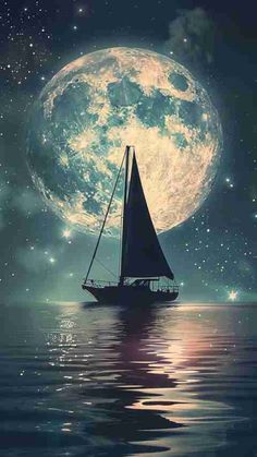 a sailboat floating in the ocean under a full moon