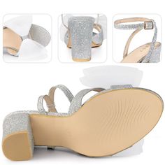 Looking for a stylish and comfortable sandal to add to your collection? Look no further! This glitter-encrusted sandal features adjustable straps and a cushioned footbed for optimal comfort. The wrapped block heel adds a touch of elegance, while the ankle strap and mesh bow decor provide a secure fit. Made with high-quality materials such as glitter and mesh for the vamp, ABS for the heels, and rubber for the outsole, this chunky heel sandal is both durable and chic. With a heel height of 3.3 in Silver Slingback Sandals With Heel Strap And Round Toe, Adjustable Open Toe T-strap Sandals For Party, Adjustable T-strap Open Toe Sandals For Party, Summer Glitter Block Heel Sandals, Glitter Open Heel Sandals For Summer, Party Sandals With Adjustable Strap And Round Toe, Evening T-strap Sandals With Ankle Strap, Evening T-strap Ankle Strap Sandals, Synthetic T-strap Sandals For Evening