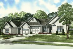 this is an artist's rendering of the front elevation of these country home plans