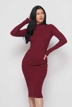 Sophistication meets sexy in this long sleeve mock neck midi knit dress. Features an ultra soft and stretchy wide ribbed knit fabric to give you shape and support to your body and a mock neckline design. Mock neckline Long sleeves Ribbed knit bodice Stretchy Fabric: 70% Rayon + 30% Nylon Length: 45" Long Sleeve High Neck Dress, Interview Fits, Mock Neck Midi Dress, Midi Knit Dress, Knit Dresses, Red Bodycon, Christmas Outfits Women, Tv Interview, Bodysuit Blouse