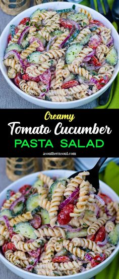 this creamy tomato cucumber pasta salad is loaded with lots of fresh ingredients