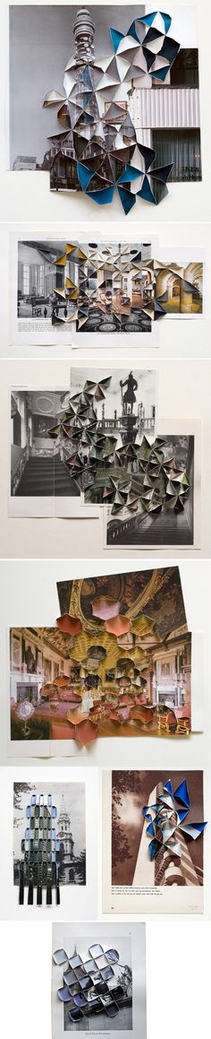 several photographs are stacked on top of each other with different shapes and sizes in them