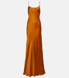 Cami satin gown in orange - Victoria Beckham | Mytheresa Orange Silk Maxi Dress, Burnt Orange Evening Dress, 90s Bridesmaid Dresses, Orange Bridesmaid Dresses Mismatched, Orange Dresses Formal, Sunset Gown, Orange Satin Dress, Orange Formal Dresses, Orange Evening Dresses