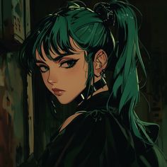 an anime character with green hair and piercings