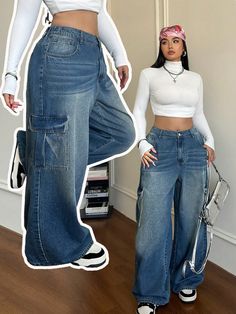 Plus Size Casual Loose Straight-Leg Boyfriend Jeans, Blue Blue    Denim Plain,All Over Print Straight Leg Non-Stretch  Women Plus Clothing, size features are:Bust: ,Length: ,Sleeve Length: