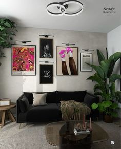 a living room filled with black furniture and pictures on the wall above it's coffee table