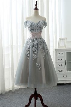 Grey Homecoming Dress, Tea Length Formal Dresses, Sweetheart Homecoming Dress, Off Shoulder Evening Dress, Grey Bridesmaids, Tulle Homecoming Dress, Prom Dresses 2017, Grey Bridesmaid Dresses, Homecoming Dresses Long