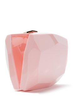 - Peony Pink- Lucite Faceted Minaudière- Top Metal Clasp with Engraved Signature- Geometric Shaping Made in Italy Pink Formal Clutch Box Bag, Pink Evening Bag With Detachable Handle For Formal Occasions, Pink Evening Bag With Detachable Handle For Formal Events, Chic Pink Compact Bag, Formal Pink Evening Bag With Detachable Handle, Chic Compact Pink Bag, Pink Handheld Box Bag For Formal Occasions, Pink Clutch For Formal Occasions, Compact Pink Formal Bag