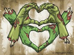 two zombie hands making a heart shape with their arms and legs covered in green paint