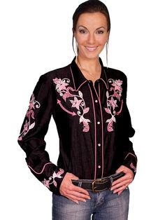 Scully® Womens Western Dragon Flower Embroidered Long Sleeve Smile Pocket Snap Western Blouse Western Dragon, Dragon Flower, Western Show Clothes, Western Blouse, Flower Blouse, Contemporary Outfits, Styles Inspiration, Western Shirt