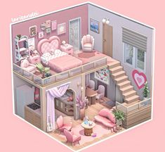 the interior of a doll house with pink furniture