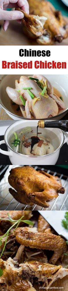 the process of making chinese braised chicken is shown in three different stages, including roasting and cooking