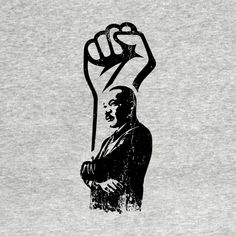 a black and white drawing of a man holding a fist up in the air with his right hand