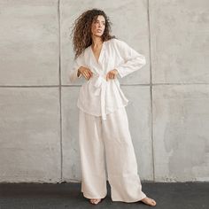 Cotton Linen Women Pajama Robe Sets S-little look through Casual White Pant Set For Loungewear, White Pants For Sleep In Spring, White Spring Sleep Pants, Nightgown Sets, Cotton Sleepwear, Y2k Aesthetic Outfits, Women's Nightgowns, Pajama Robe, Hot Dress