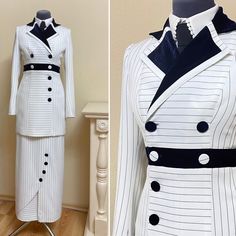 Elegant Tailored Pinstripe Sets, Fitted Pinstripe Elegant Set, Elegant Striped Formal Sets, Elegant Pinstripe Blazer With Buttons, Chic Striped Fitted Sets, Elegant Striped Fitted Sets, Elegant Fitted Striped Sets, Elegant Striped Blazer With Buttons, Edwardian Evening Gown