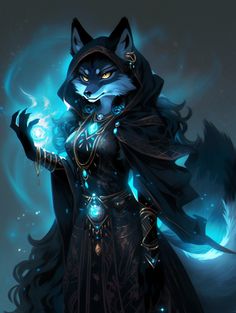 a woman dressed as a wolf holding a glowing ball in her right hand and wearing a cloak