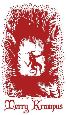 a red and white image of a monkey in the woods with words merry kramps