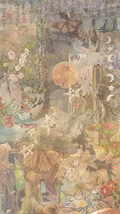 an artistic collage with flowers, butterflies and other things in the background that are mixed together