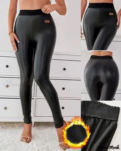 Olivia Mark - Leggings de cintura alta de piel de PU con forro polar Fleece Lined Leggings, Classic Style Outfits, Lined Leggings, Black Bottoms, Olivia Mark, Black Leggings, The Row, Classic Style, Leather Pants