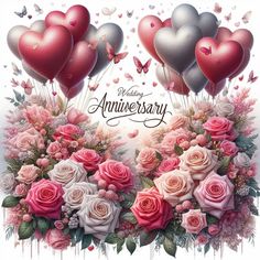 wedding anniversary card with pink roses and silver balloons in the shape of hearts on white background