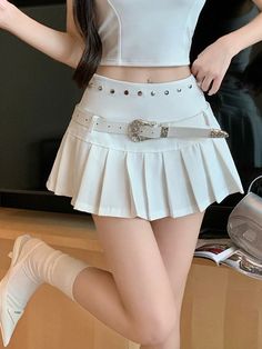 Olivia Mark - Low-Waist Rivet Hollow-out Belted Belt Sexy White Pleated Mini Skirt Tight Skirt Outfit, White Pleated Mini Skirt, Slip Shorts, Umbrella Skirt, Floral Pleated Skirt, Cloth Belt, Mermaid Skirt, Skirt Belt, Denim Midi Skirt