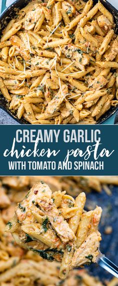 creamy garlic chicken pasta with tomato and spinach in a skillet on a blue surface