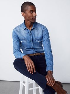 A refined take on the classic Western shirt, pre-washed to achieve that super-softness that usually only comes after many years on the ranch. Skip the cowboy boots and wear it the way Agnelli would-with a sport coat and loafers or lace-ups. | J.McLaughlin Men's Scotto Denim Shirt Light Denim, Size Small | Cotton/Denim Denim Shirt Men, The Cowboy, J Mclaughlin, Young Black, Western Shirt, The Ranch, Western Shirts, Light Denim, Shirt Collar