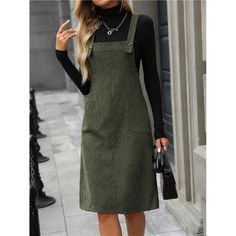 -Item Id 44181402 -Details: Button, Pocket -Neckline: Straps -Style: Casual -Type: Pinafore -Waist Line: Natural -Hem Shaped: Straight -Color: Army Green -Pattern Type: Plain -Sleeve Length: Sleeveless -Fit Type: Regular Fit -Length: Knee Length -Material: Corduroy -Composition: 100% Polyester -Care Instructions: Machine Wash Or Professional Dry Clean -Sheer: No -Fabric: Non-Stretch **Open To Offers!!!** **Bundle To Save More** **30% Off Bundles Of 2 Or More Items!!** ***Orders Go Out Within 5-1 Green Work Dress, Casual Olive Knee-length Dress, Spring Olive Knee-length Midi Dress, Casual Green A-line Shirt Dress, Casual Knee-length Fitted Pinafore Dress, Green Knee-length Solid Color Shirt Dress, Dress Without Sleeves, Coverup Skirt, Women Midi