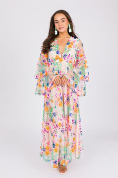 Colette Paradise Sequin Maxi - New Arrivals - The Blue Door Boutique Spring Brunch Maxi Dress With Bell Sleeves, Spring Bell Sleeve Maxi Dress For Brunch, Spring Flowy Maxi Dress With Bell Sleeves, Flowy Spring Maxi Dress With Bell Sleeves, Flowy Bell Sleeve Maxi Dress For Spring, Spring Multicolor Sequined Maxi Dress, Summer Long Sleeve Sequin Maxi Dress, Floral Print Flowy Maxi Dress With Bell Sleeves, Bohemian Bell Sleeve Maxi Dress With Floral Print