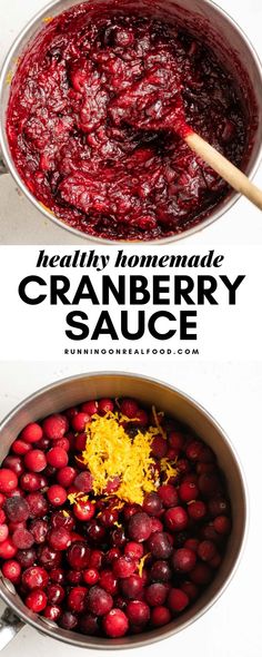 cranberry sauce in a pot with text overlay that reads healthy homemade cranberry sauce