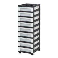 a black and white storage unit with five drawers