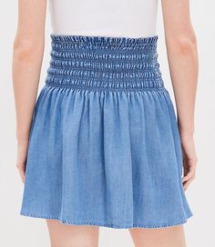 In an airy fluid woven, this skirt dances from an artful and flattering smocked waist. Elasticized waist.,Hit:Hit: Mini - Hits above the knee,Imported:Imported,Length:18 1/2" long,Fabrication:Shell: 83% Rayon, 17% Nylon; Lining: 100% Rayon,Garment Care:Machine Washable Loft Chambray Smocked Skirt Size XS Mezzo Blue Wash Women's by Loft Size Regular - XS Mezzo Blue Wash Women's Shell:, 83%, Rayon, 17%, Nylon;, Lining:, 100%, Rayon, Machine, Washable Smocked Skirt, Exclusive Clothing, Petite Skirt, Color Crush, Linen Shop, Sweater Sale, Petite Dresses, Petite Size, Above The Knee