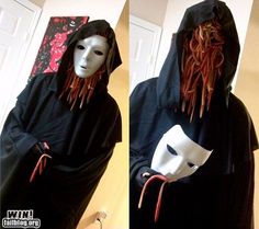 two pictures of a person wearing a mask with long red hair and dreadlocks