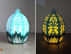 two different images of an egg shaped paper lantern