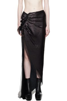 Black Edfu Maxi Skirt by Rick Owens on Sale Pre-draped Asymmetrical Skirt For Evening, Formal Long Ruched Draped Skirt, Formal Ruched Long Draped Skirt, Formal Long Draped Ruched Skirt, Ruched Draped Long Skirt For Formal Occasions, Silk Ruched Draped Skirt, Asymmetrical Silk Evening Skirt, Pre-draped Long Silk Skirt, Formal Draped Flowy Skirt