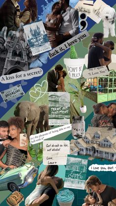 the collage has many different pictures and words on it, including an image of two people