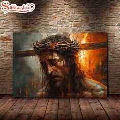 jesus carrying the cross on his head with flames behind it