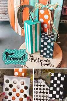 the collage shows different items made out of wood and painted with black and white checkerboard