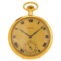 Waltham Riverside open faced pocket watch 19 jewels, gold dial and heavy spade hands in 14k yellow gold. Manual w/ subseconds. 45mm. Circa 1915. Fine Pre-owned Waltham Watch. Certified preowned Vintage Waltham pocket watch 337299 watch is made out of yellow gold. This Waltham watch has a 45 x 45 mm case with a Round caseback and Gold Roman and Stick dial. It is Certified Authentic and comes backed by our 12-month warranty. Each watch is inspected by our certified in-house Swiss-trained watchmake Waltham Watch, Gold Pocket Watch, Gold Watches, Pocket Watch Antique, Vintage Pocket Watch, Antique Watches, Unisex Watches, Gold Case, Watch Sale