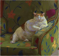 a painting of a cat sitting on a green chair