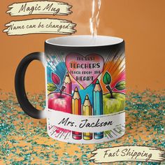 a coffee mug with an image of teacher's pencils and hearts on it