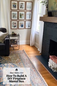 a living room with a fireplace and pictures on the wall above it that says how to build a do - it - yourself mantel box