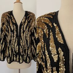 Vintage 1980s Gold & Black Sequin Jacket Blazer Cardigan - Etsy Vintage Festive Sequin Outerwear, Gold Sequin Jacket, Vintage Gold Long Sleeve Outerwear, Luxury Vintage Gold Outerwear, Black Sequin Jacket, Luxury Black Sequined Blazer, Vintage Fitted Sequin Outerwear, Animal Print Blazer, Glam Party