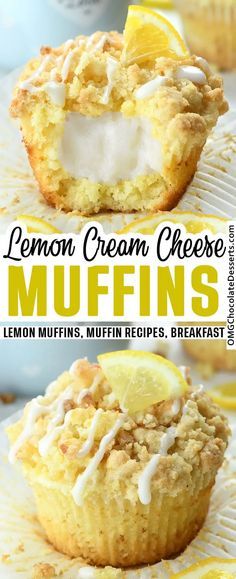 lemon cream cheese muffins on a white plate with the title in the middle