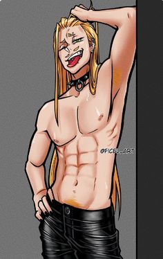 a drawing of a woman with long blonde hair and piercings on her face, wearing black leather shorts